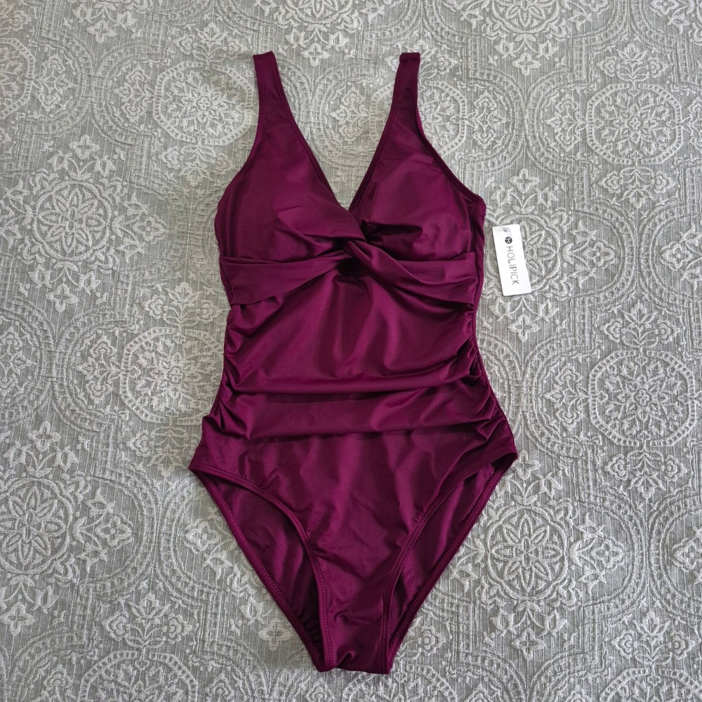 Holipick Women Purple Ruched One Piece Swimsuit Tummy Control V-Neck NWT